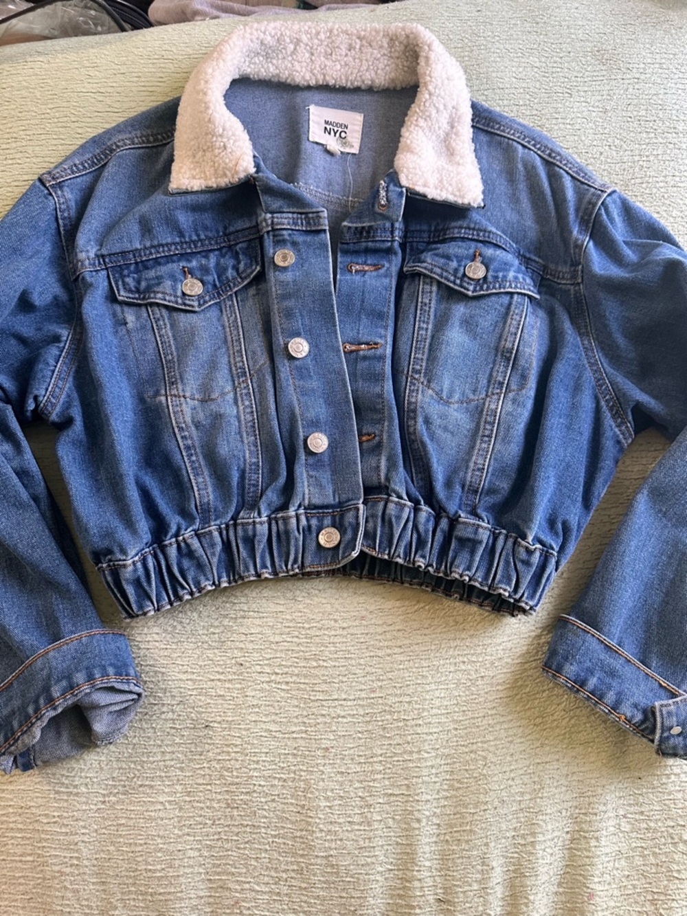 Modern NYC Women's Blue Sherpa Collar Cropped Denim Jacket